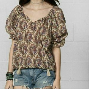 Ralph‎ Lauren RL Boho Line Floral Paisley Rope Tassel Cinched Tie Closure Blouse